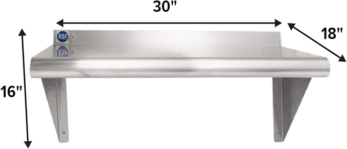 NSF Certified 18 Gauge Heavy Duty Stainless Steel Wall Shelf with Brackets for Kitchens, Utility Rooms, Storage, Offices & Home (30"x18")
