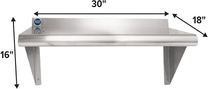 NSF Certified 18 Gauge Heavy Duty Stainless Steel Wall Shelf with Brackets for Kitchens, Utility Rooms, Storage, Offices & Home (30"x18")