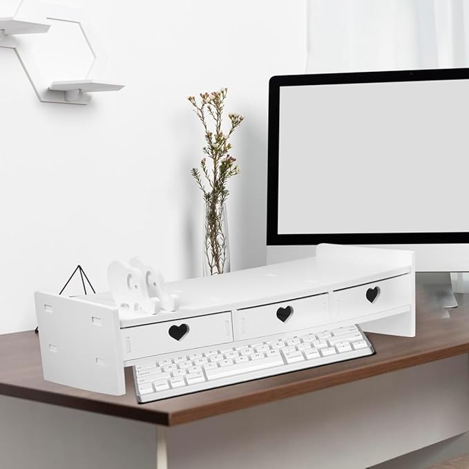 Tofficu Computer Desk Stand with Drawer, Desktop Monitor Riser with Storage, Laptop Shelf Shelves Organizer for Keyboard Storage (White)