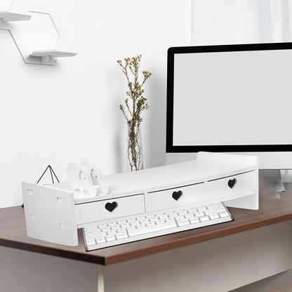 Tofficu Computer Desk Stand with Drawer, Desktop Monitor Riser with Storage, Laptop Shelf Shelves Organizer for Keyboard Storage (White)