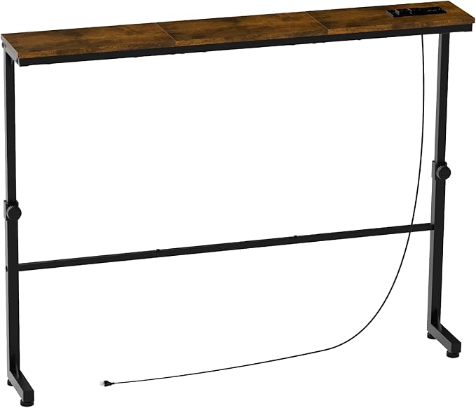 Aduanbang Adjustable Height Narrow Console Table with 2 Power Outlets, 39.4" Long x 5.9" Wide, Slim Behind Sofa Table, Rustic Brown – Ideal for Living Room, Entryway, or Hallway