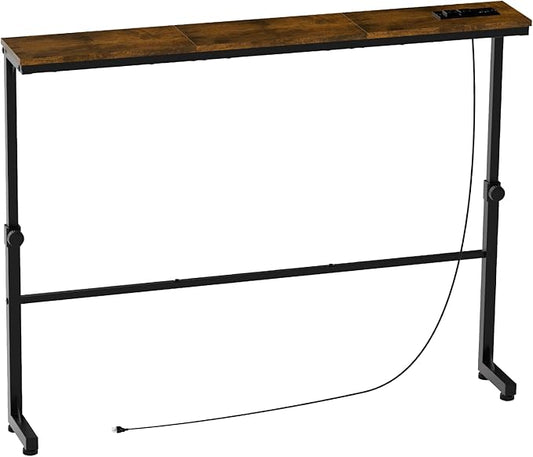 Aduanbang Adjustable Height Narrow Console Table with 2 Power Outlets, 39.4" Long x 5.9" Wide, Slim Behind Sofa Table, Rustic Brown – Ideal for Living Room, Entryway, or Hallway