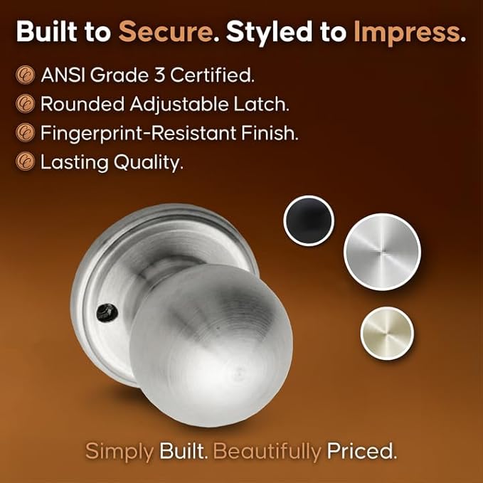 Copper Creek Dummy Interior Door Knob – ANSI Grade-3 Certified, Modern Heavy Duty Handle, Easy Install and Reversible for French Doors & Closets, Non Turning – Satin Stainless (1 Pack)