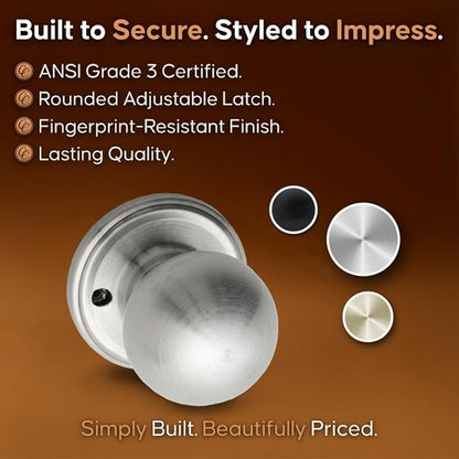Copper Creek Dummy Interior Door Knob – ANSI Grade-3 Certified, Modern Heavy Duty Handle, Easy Install and Reversible for French Doors & Closets, Non Turning – Satin Stainless (1 Pack)
