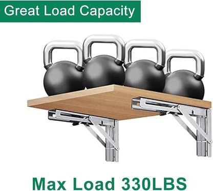 Folding Shelf Brackets, 2 Pcs Matte Black Collapsible Stainless Steel Heavy Duty Brackets for Table Bench, Space Saving DIY Bracket with Screws, Max Load 330 lb (Black, 16 in)