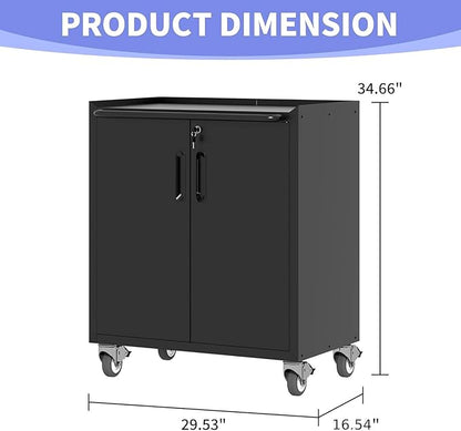 Metal Garage Storage Cabinet on Wheels, Lockable Rolling Tool Cabinet with Doors and Shelves, Heavy Duty Mobile Steel Cabinet for Garage Warehouse Workshop