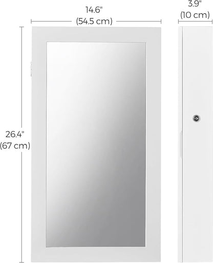 SONGMICS Lockable Jewelry Cabinet Armoire with Mirror, Wall-Mounted Space Saving Jewelry Storage Organizer, White UJJC51WT