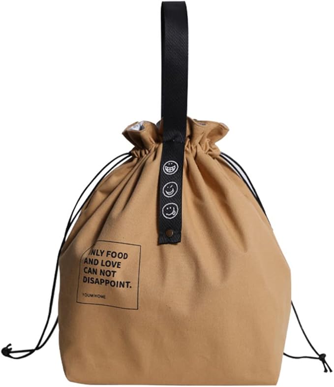 Canvas Drawstring Lunch Bag Insulated Lunch Tote Japanese Style Bento Tote Bag Reusable Lunch Bag Insulated Handbag Tote bag with Handle and Drawstring Closure for Women Work Picnic or Travel(YELLOW)