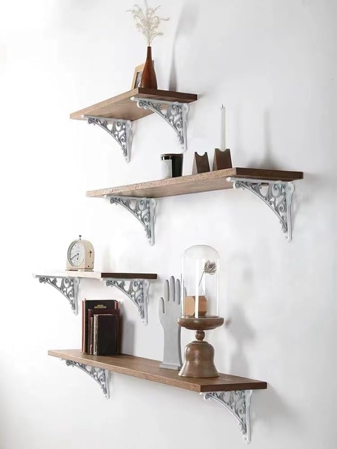 Decorative Shelf Bracket 8 inch, White Brackets for Shelving, Heavy Duty Vintage, DIY Projects, Hardware Included, 4 Pack, 7.87x5.6x1.73 inch,Baroque Style