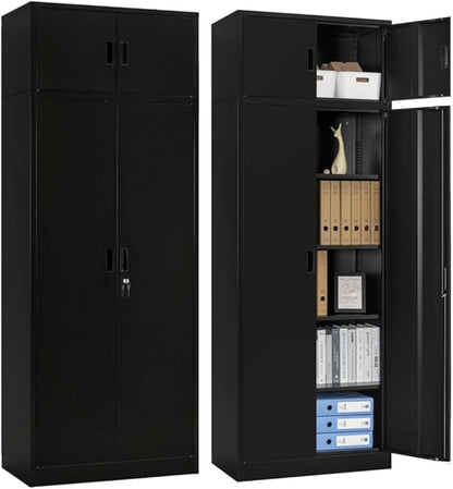 CJF Metal Storage Cabinet, 87 inch Tall Large Locking Cabinet with Top Cabinet, Garage Storage Cabinet with 4 Adjustable Shelves for Home Office, Garage and Utility Room-Black