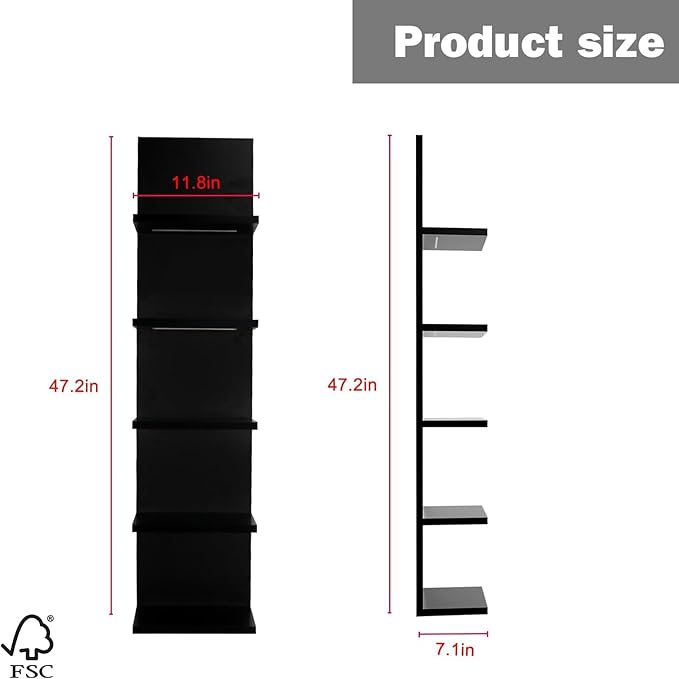 5-Tier Wall Shelf Unit with RGB Light, Floating Lack Shelf for Storage, Wall Mounted Vertical Display Shelf for Bedroom Living Room Vanity, Black