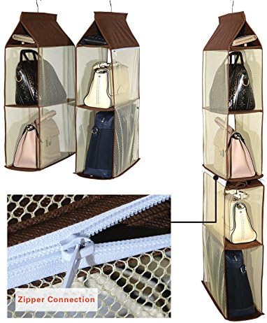 Detachable 4 Compartment Pouch Hanging Handbag Organizer Clear Purse Bag Storage Holder Wardrobe Closet Space Saving Organizers System for Living Room Bedroom(Pack of 2 Brown)