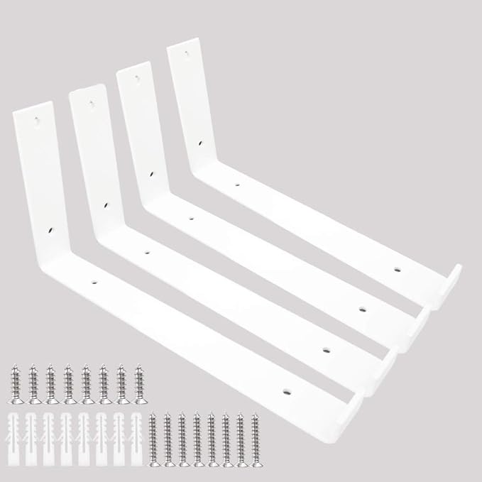 Shelf Brackets 12 Inch 4PCS Heavy Duty White Wall Bracket with Lip for Floating Shelves Rustic Iron Metal Shelf Bracket for DIY Open Shelving Hardware Included