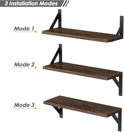Rustic Floating Shelves Wall Mounted Set of 3, 17 Inch Natural Wood Wall Shelves, Decor Storage Shelf for Bedroom Bathroom Living Room Office Pictures Plants Books Cats TV (Rustic Brown)