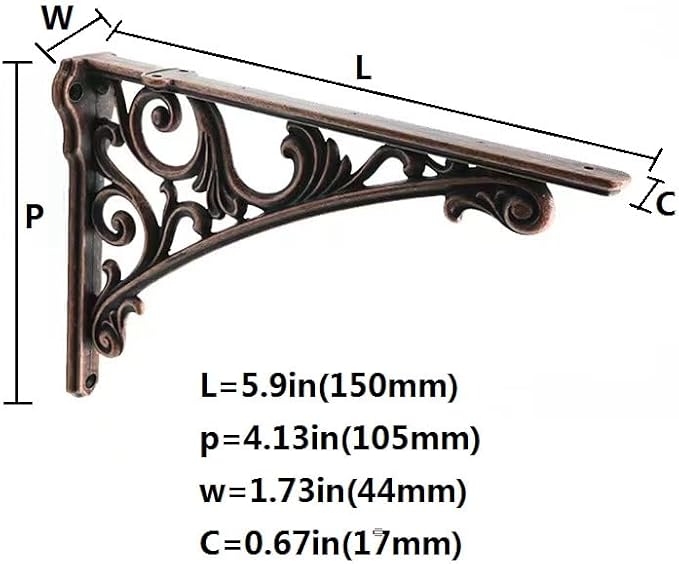 Decorative Shelf Bracket 6 inch, Antique Copper Brackets for Shelving, Heavy Duty Vintage, DIY Projects, Hardware Included, 2 Pack, 5.9x4.17x1.73 inch，Baroque Style