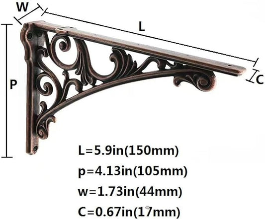 Decorative Shelf Bracket 6 inch, Antique Copper Brackets for Shelving, Heavy Duty Vintage, DIY Projects, Hardware Included, 2 Pack, 5.9x4.17x1.73 inch，Baroque Style