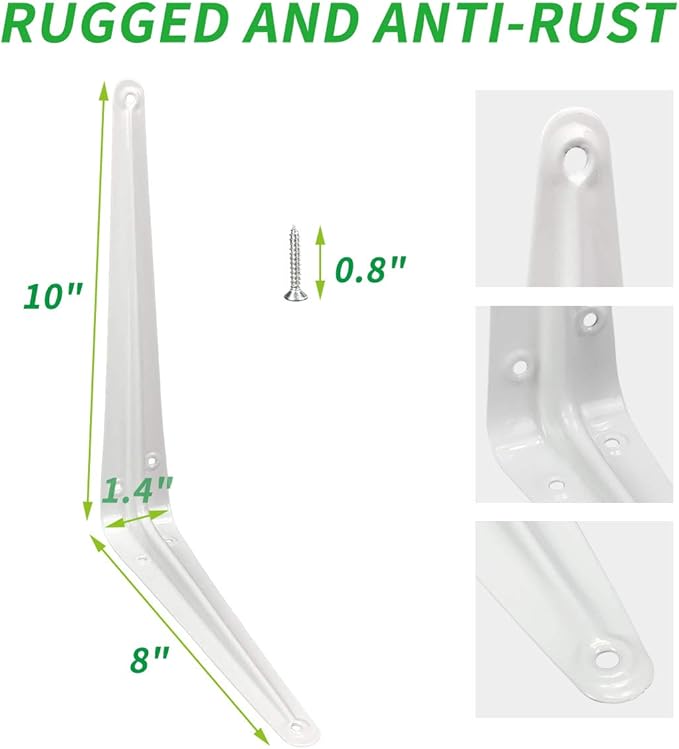 Shelf Brackets 10 Inch, 20 Pack White Metal Heavy Duty L Adjustable Floating Shelves Bracket, 10 x 8 Inch Industrial Pipe Decorative Shelf Angle Bracket for Wall with Screws