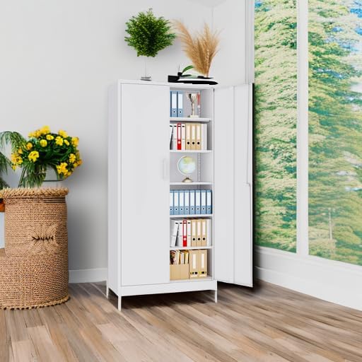 Metal Storage Cabinet with Lock,Tall White File Cabinet with 2 Doors and 5 Adjustable Shelves,Steel Storage Cabinets for Garage,Home Office,Pantry,School,Hospital