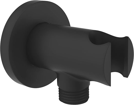 Aquaiaw Wall Supply Elbow with O-Ring Flange, Electroplate Matte Black, Solid Brass Wall Union with Hand Shower Holder, Tapered 1/2 NPT Female Inlet, Round, W/Handheld Showerhead bracket, G1/2 Outlet