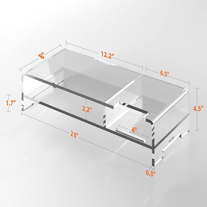 BEYGORM Acrylic Monitor Stand for Full Keyboard, 20" Wide 2-Tier Riser with Storage Shelf and Phone Holder, Desktop Organizer for Laptop, Printer, Screen (Clear)