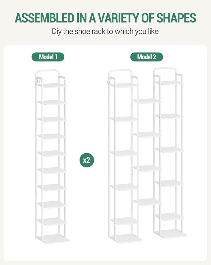 10 Tiers Vertical Shoe Rack, Narrow Shoe Tower, Tall Shoes Shelf with 2 Hooks, Adjustable Shelves, Corner Shoes Shelves for Small Spaces, Entryway, Living Room, White SR11213W