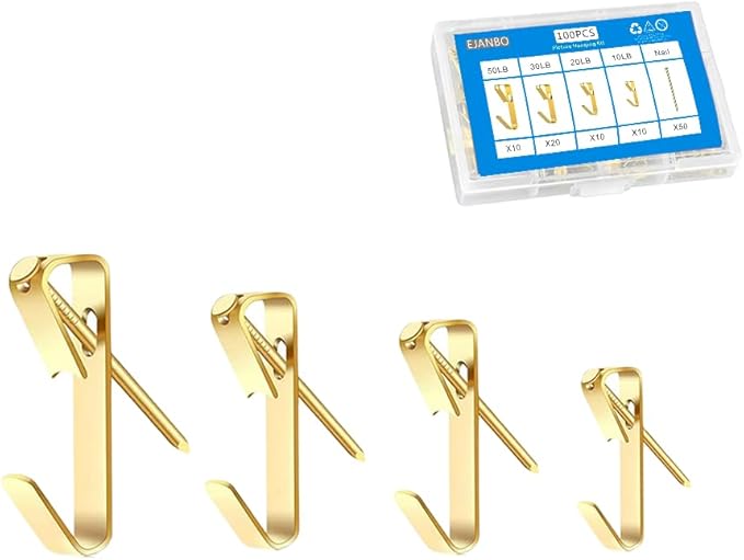 100pcs Picture Hanging Kit,4 Size Picture Hangers Including 10/20/30/50lbs,Picture Frame Hooks with Nails,Hanging Nails for Wall Art for Wooden Wall Or Drywall (50Hangers+50Nails)