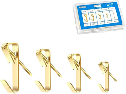 100pcs Picture Hanging Kit,4 Size Picture Hangers Including 10/20/30/50lbs,Picture Frame Hooks with Nails,Hanging Nails for Wall Art for Wooden Wall Or Drywall (50Hangers+50Nails)
