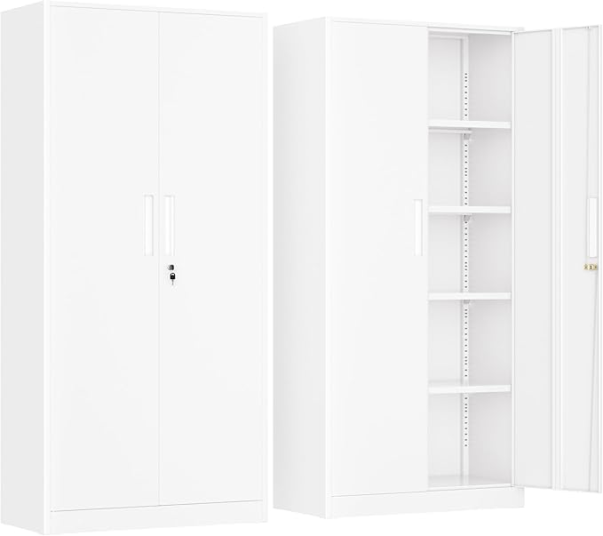 INTERGREAT Metal Lockable Storage Cabinet, 72” H Storage Cabinets with 2 Doors and 4 Adjustable Shelves for Office, Home, Garage, Pantry (Assembly Required, White)