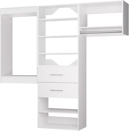 ROOMTEC Modular Closet System, 102" Wall Mounted Modern Closet Organizer with Hanging Rods and Drawers, Wooden Tower for Walk-In Closets, Wardrobe Storage Kit, White