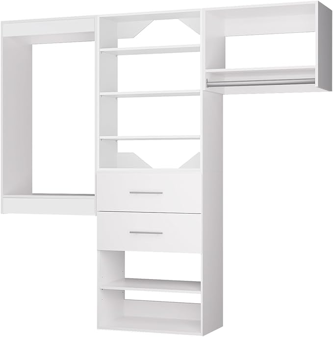 ROOMTEC Modular Closet System, 66" Wall Mounted Modern Closet Organizer with Hanging Rods and Drawers, Wooden Tower for Walk-In Closets, Wardrobe Storage Kit, White