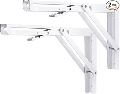 YUMORE Folding Shelf Bracket Heavy Duty, 12 Inch White Collapsible Shelf Bracket, DIY L Bracket for Workbench Folding Table Hinge, Max Load: 330lbs, 2 Pack