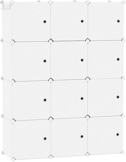 C&AHOME Cube Storage Organizer with Doors, 12-Cube Shelves, Closet Cabinet, DIY Plastic Modular Bookshelf Ideal for Bedroom, Living Room, 36.6”L x 12.4”W x 48.4”H Milky USHS3012M-DOOR