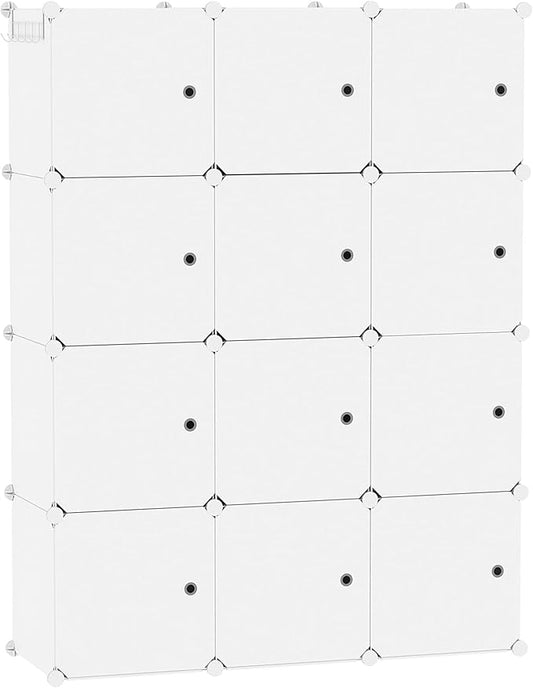 C&AHOME Cube Storage Organizer with Doors, 12-Cube Shelves, Closet Cabinet, DIY Plastic Modular Bookshelf Ideal for Bedroom, Living Room, 36.6”L x 12.4”W x 48.4”H Milky USHS3012M-DOOR