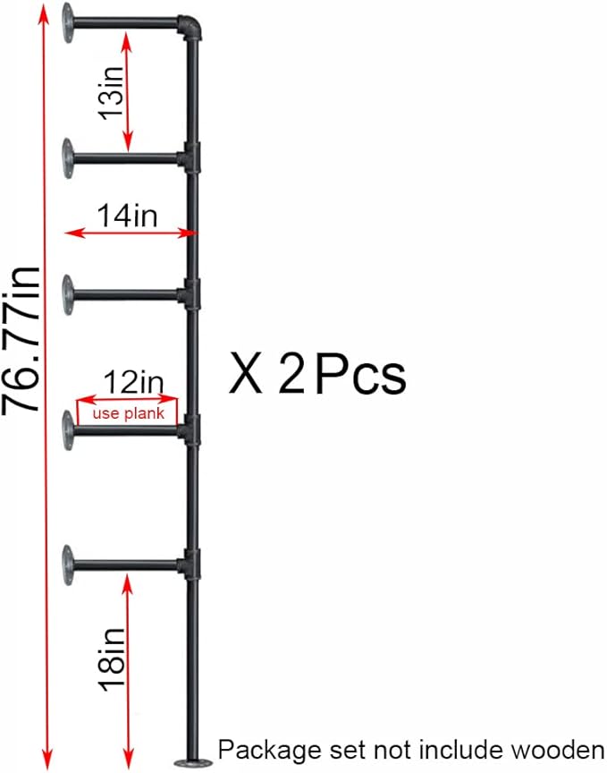 (77"Tall,14"Deep,2pcs) Industrial Retro Wall Mount Iron Pipe Shelf,DIY Open Bookshelf,Hung Bracket,Home Improvement Kitchen Shelves,Tool Utility Shelves, Office Shelves, Pipe Shelving