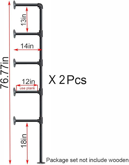 (77"Tall,14"Deep,2pcs) Industrial Retro Wall Mount Iron Pipe Shelf,DIY Open Bookshelf,Hung Bracket,Home Improvement Kitchen Shelves,Tool Utility Shelves, Office Shelves, Pipe Shelving