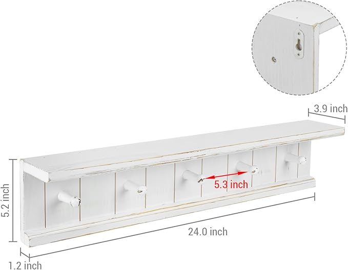 MyGift Wall Mounted 5-Hook Vintage White Wood Floating Bathroom Shelf & Towel Rack
