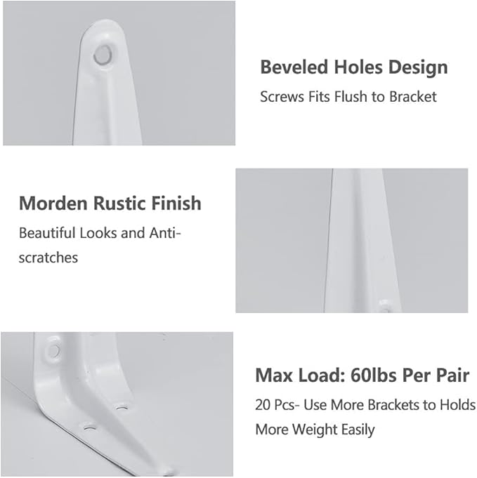 20 Pack Shelf Brackets 6 Inches White, Heavy Duty Steel Metal L Brackets for Shelves, J Brackets Wall Angel Corner Brace for Wood Board