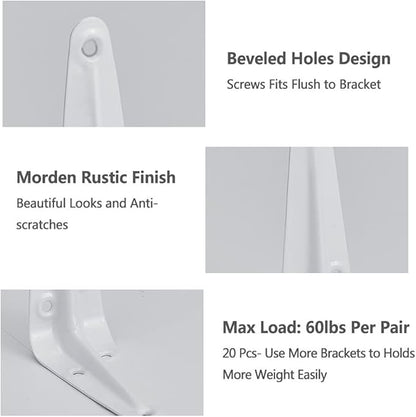 20 Pack Shelf Brackets 6 Inches White, Heavy Duty Steel Metal L Brackets for Shelves, J Brackets Wall Angel Corner Brace for Wood Board