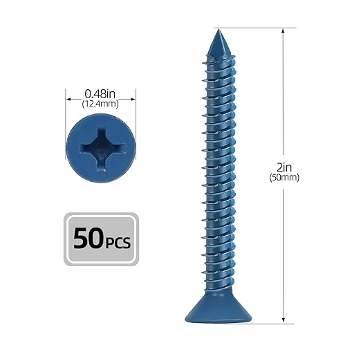 1/4" x 2" Concrete Screws, 50 PCS Blue Flat Head Concrete Screws Anchor Kit for Masonry, Cement, Block, Brick or Stucco