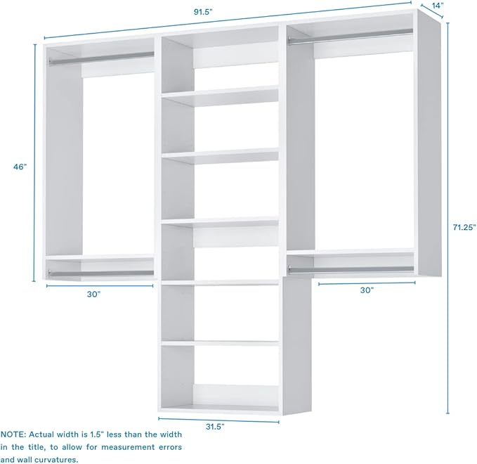 Modular Closets Vista Collection Closet Organizer System - 3 Piece Wall Mounted Kit with Hanging Rods & Shelves, White, Fits Closets 93” or wider