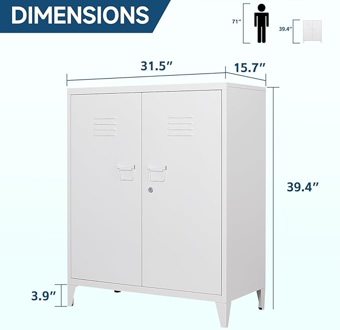 MIIIKO Metal Locker with 2 Doors,White Storage Sideboard Accent Cabinets for Kitchen,Pantry,Office，Garage