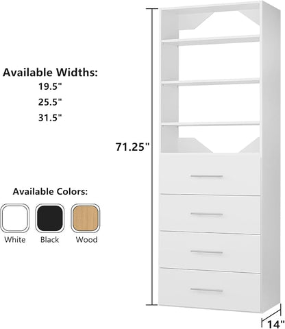 ROOMTEC Modular Closet System, 31.5" 4 Drawer Shelf Closet Tower Wall-Mounted Closet Organizer, Wooden Tower for Walk-In Closets, Wardrobe Storage Kit, White