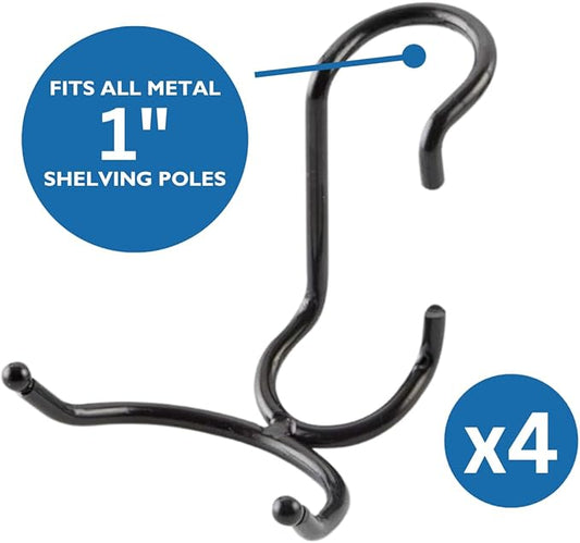 Shelf Pole Hooks | 5-Pack Black C & Utility Hooks | Snap-On Hanging Hooks for 1" Wire, Metal & Metro Shelving | Heavy Duty Garage, Pantry, Basement & Workshop Storage Hooks