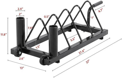 Yaheetech Horizontal Barbell Bumper Plate Rack Holder Olympic Bar Storage Rack with Handle and Wheels,Black
