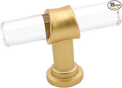 goldenwarm Pack of 15 Drawer Knobs Acrylic Clear T-bar Knobs - LS9165GD Single Hole Handles Brushed Gold Brass Acrylic Cabinet Handles Pulls