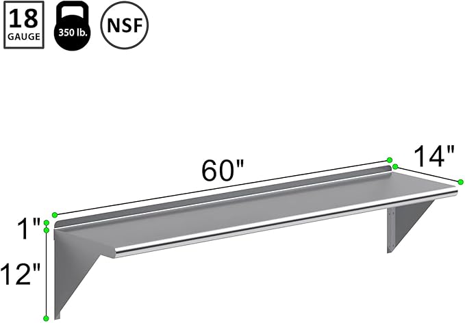 NSF Certified 18 Gauge Heavy Duty Stainless Steel Wall Shelf with Brackets for Kitchens, Utility Rooms, Storage, Offices & Home (60" x 14")