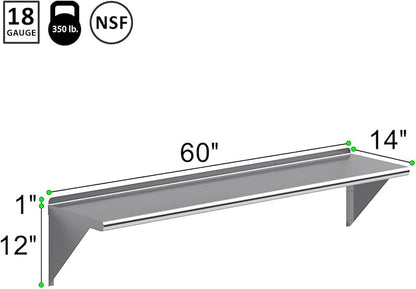 NSF Certified 18 Gauge Heavy Duty Stainless Steel Wall Shelf with Brackets for Kitchens, Utility Rooms, Storage, Offices & Home (60" x 14")