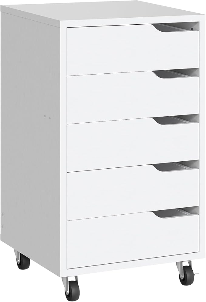 HOOBRO 5-Drawer File Cabinet, Under Desk Mobile Filing Cabinet with Wheels, Rolling Office Storage Cabinet, Wooden Printer Stand, for Home Office, Living Room, White WT15WJ01