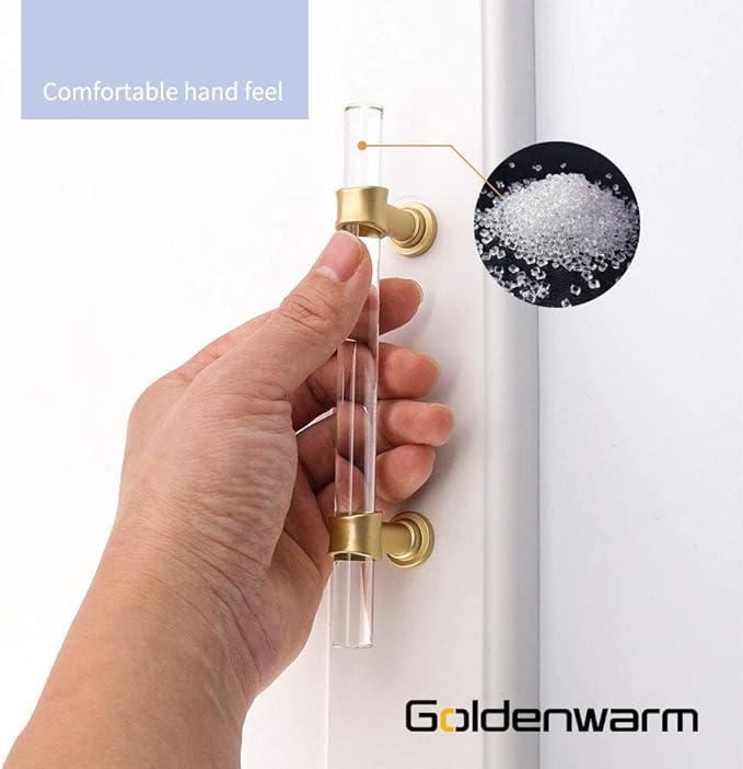 goldenwarm 200 Pack Acrylic Clear Cabinet Knobs T-bar Knobs Brushed Brass Acrylic Cabinet Handles Brushed Gold Drawer Pulls Handls Single Hole Hardware for Cupboard Door Dresser