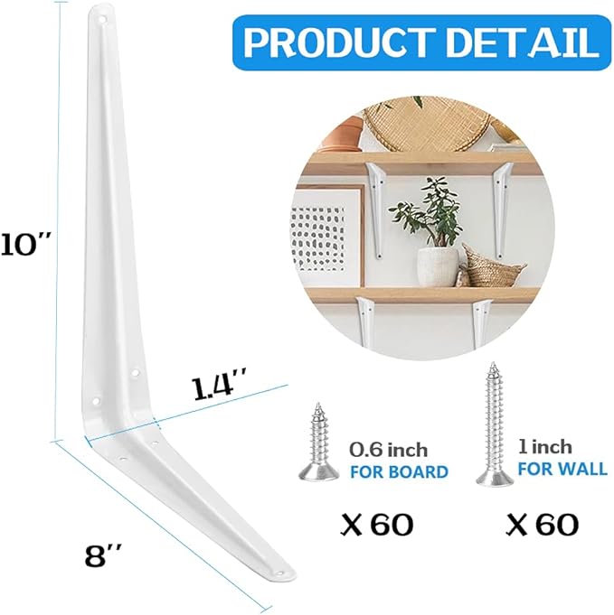 20 Pack Shelf Brackets 10 Inches White, Heavy Duty Steel Metal L Brackets for Shelves, J Brackets Wall Angel Corner Brace for Wood Board